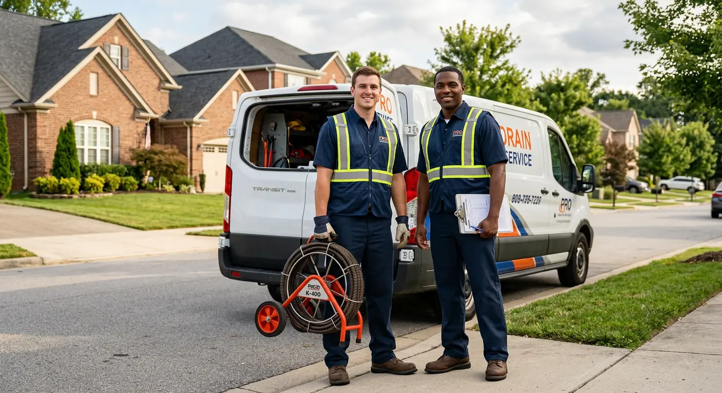 Sewer and drain service team with equipment ready for work in Shively
