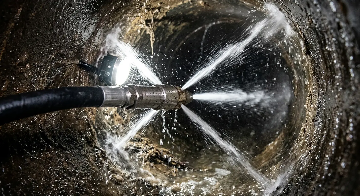 High-pressure hydro jetting nozzle cleaning sewer pipe for Trenchless Sewer Repair in Shively