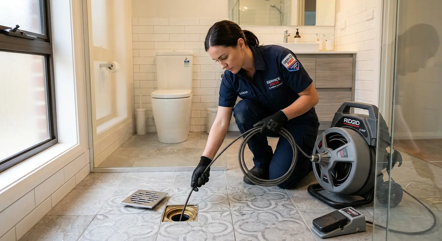 Technician clearing a bathroom floor drain for Drain Cleaning in Shively